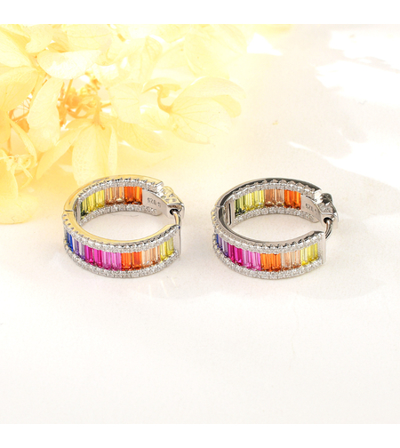 Сребърни обеци халки с платина и цветни кубични циркони | Колекция Silver Premium | Бижута Invoke.bg