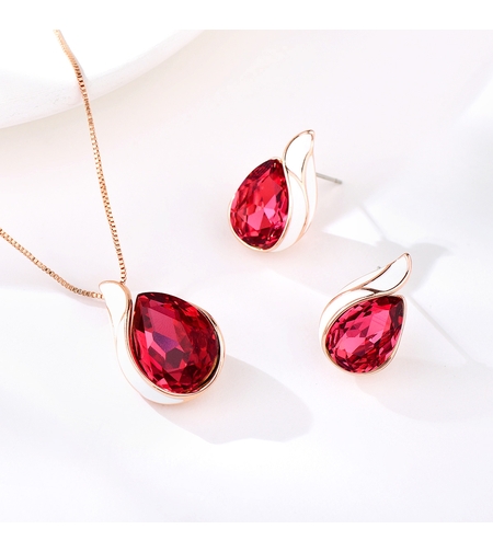 Комплект розово позлатяване червена кристална капка | Колекция Rose Gold | Бижута Invoke.bg