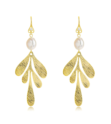 Обеци Листа с жълто позлатяване с перла Swarovski | Бижута Invoke.bg