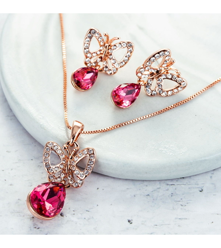 Комплект розово позлатяване пеперуди с кристали Swarovski Indian pink | Колекция Rose Gold | Бижута Invoke.bg