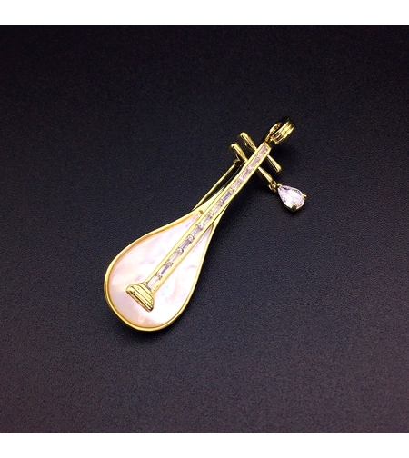 Брошка жълто позлатяване Лютна със седеф | Бижута Invoke.bg