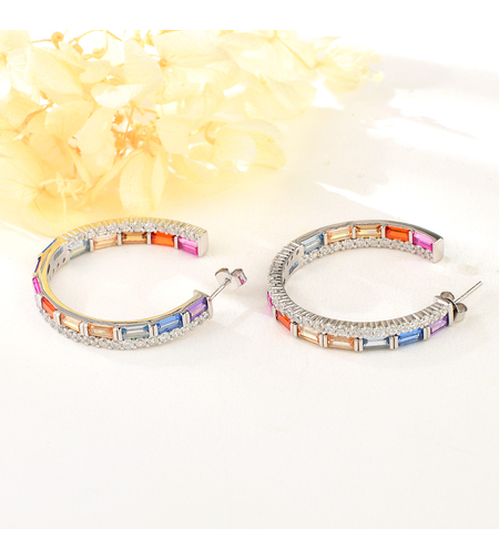 Сребърни обеци халки с платина и цветни кубични циркони | Колекция Silver Premium | Бижута Invoke.bg