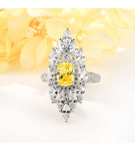 Сребърен пръстен с платина и жълти кубични циркони | Колекция Silver Premium | Бижута Invoke.bg