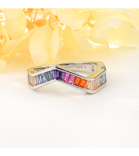 Сребърен пръстен с платина и цветни кубични циркони | Колекция Silver Premium | Бижута Invoke.bg