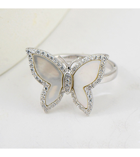 Сребърен пръстен пеперуди платинирано сребро със седеф | Колекция Silver Premium | Бижута Invoke.bg