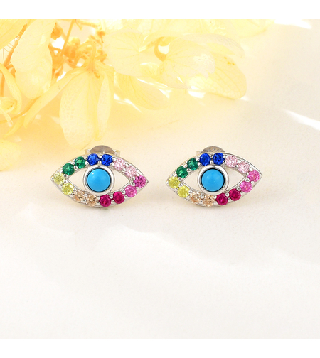 Сребърни обеци Очи с платина и цветни кубични циркони | Колекция Silver Premium | Бижута Invoke.bg