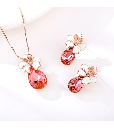 Комплект червени кристали екзотично цвете с розово позлатяване | Колекция Rose Gold | Бижута Invoke.bg