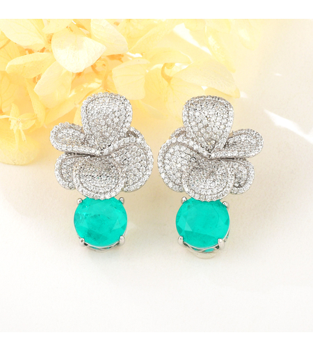 Сребърни обеци с платина и тюркоазени кубични циркони | Колекция Silver Premium | Бижута Invoke.bg