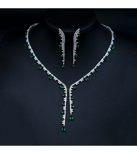 Комплект бяло позлатяване зелени капки | Колекция Luxury Secret | Бижута Invoke.bg