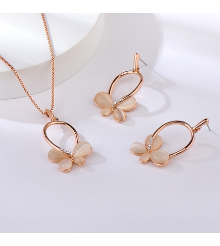 Комплект розово позлатяване цветя с котешко око | Колекция Rose Gold | Бижута Invoke.bg
