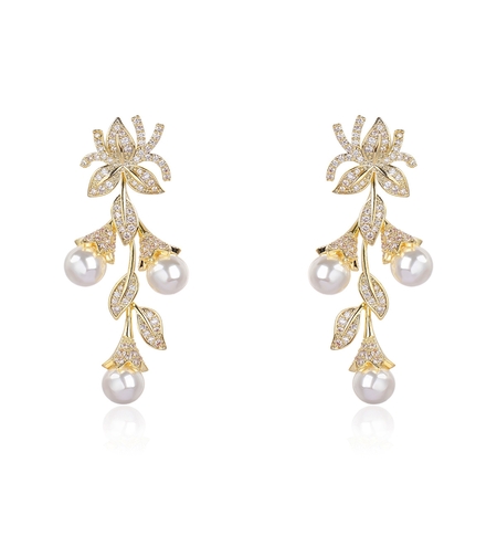 Обеци жълто позлатяване 'Клонче с перли' | Колекция Luxury Secret | Бижута Invoke.bg