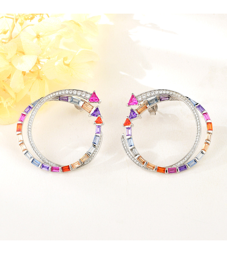 Сребърни обеци халки с платина и цветни кубични циркони | Колекция Silver Premium | Бижута Invoke.bg