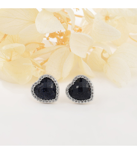 HEARTS SILVER EARRINGS WITH BLACK CRYSTALS