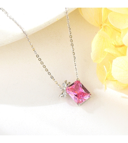 Сребърно колие розов кристал с панделка | колекция Delicate Silver | Бижута Invoke.bg
