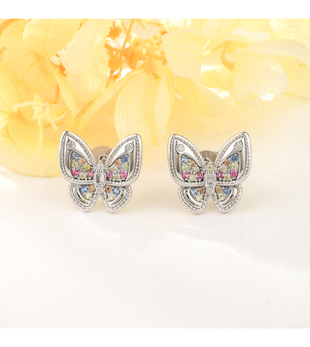 Сребърни обеци Пеперуди с платина и цветни кубчини циркони | Колекция Silver Premium | Бижута Invoke.bg