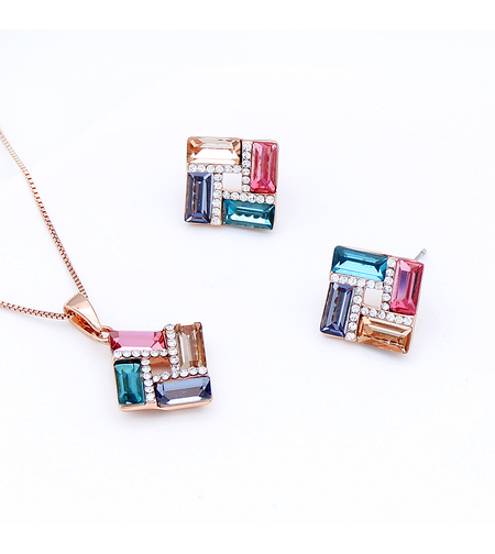 Комплект розово позлатяване цветни квадрати | Колекция Rose Gold | Бижута Invoke.bg