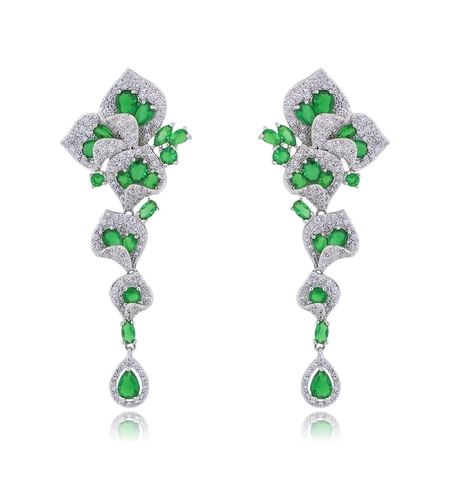 Обеци бяло позлатяване зелени кристални цветя | Колекция Luxury Secret | Бижута Invoke.bg