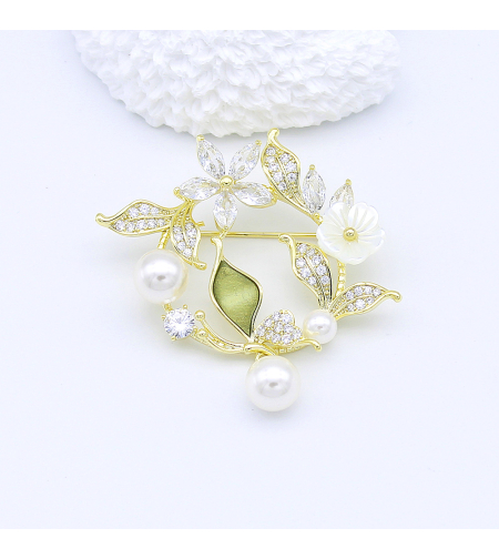 Стилна брошка жълто позлатяване 'Цветен венец' | Бижута Invoke