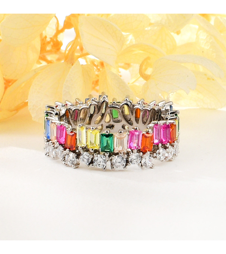 Сребърен пръстен с платина и цветни кубични циркони | Колекция Silver Premium | Бижута Invoke.bg