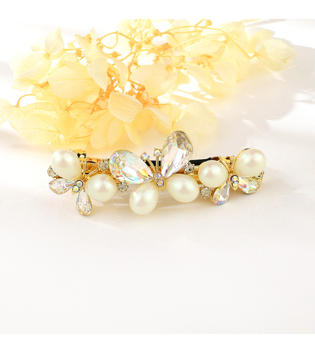 BUTTERFLY HAIR CLIP YELLOW GOLD PLATING WITH PEARLS
