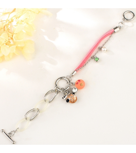 Гривна бяло позлатяване розов текстил | Бижута Invoke.bg