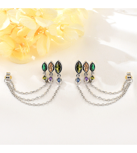 Сребърни обеци Верига с платина и цветни кубични циркони | Колекция Silver Premium | Бижута Invoke.bg