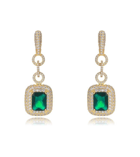 Обеци жълто позлатяване зелен акцент | Колекция Luxury Secret | Бижута Invoke.bg