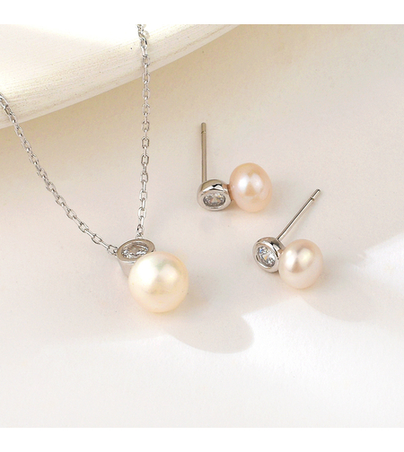 Сребърен комплект с родий и перли | колекция Delicate Silver | Бижута Invoke.bg