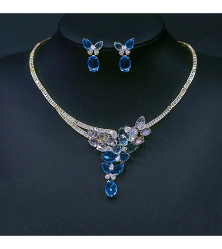 Комплект жълто позлатяване сини цветя | Колекция Luxury Secret | Бижута Invoke.bg