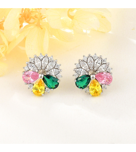 Сребърни обеци с платина и цветни кубични циркони | Колекция Silver Premium | Бижута Invoke.bg