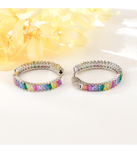 Сребърни обеци халки с платина и цветни кубични циркони | Колекция Silver Premium | Бижута Invoke.bg