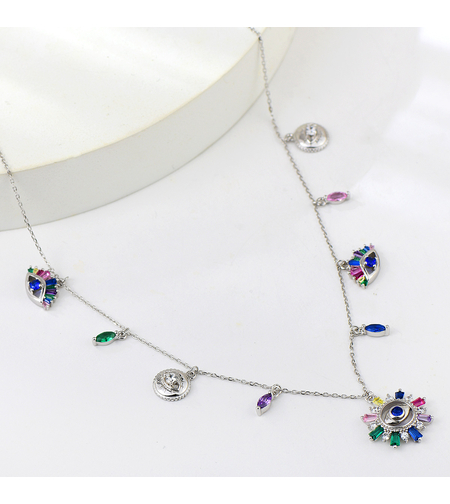 Сребърно колие с платина и цветни кубични циркони | Колекция Silver Premium | Бижута Invoke.bg