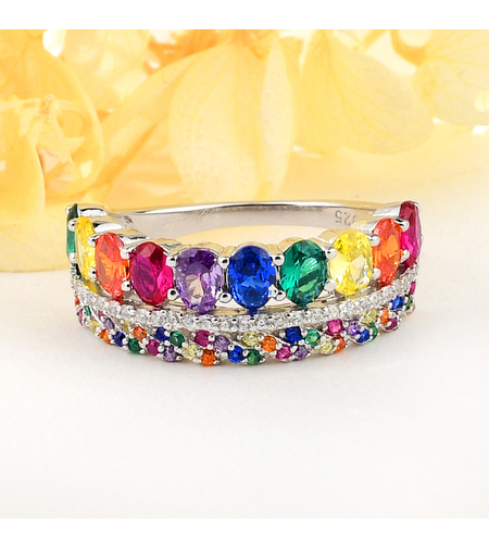 Сребърен пръстен с платина и цветни кубични циркони | Колекция Silver Premium | Бижута Invoke.bg