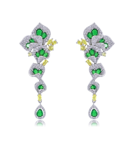 Обеци бяло позлатяване зелени кристални цветя | Колекция Luxury Secret | Бижута Invoke.bg