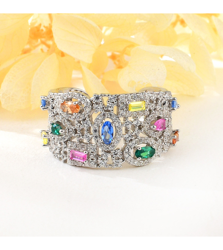 Сребърен пръстен с платина и цветни кубични циркони | Колекция Silver Premium | Бижута Invoke.bg