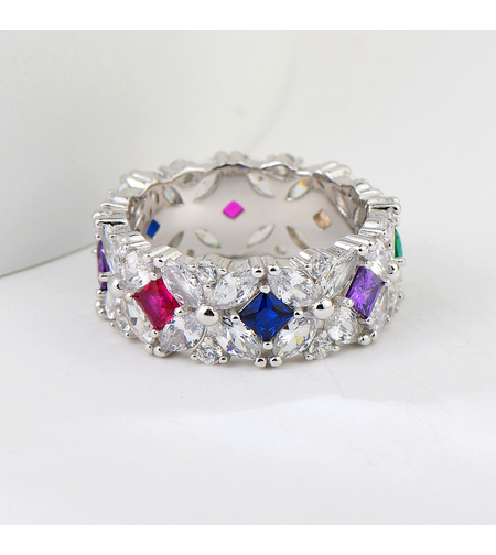 Сребърен пръстен с платина и цветни кубични циркони | Колекция Silver Premium | Бижута Invoke.bg