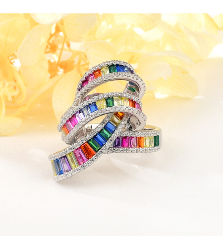 Сребърен пръстен с платина и цветни кубични циркони | Колекция Silver Premium | Бижута Invoke.bg