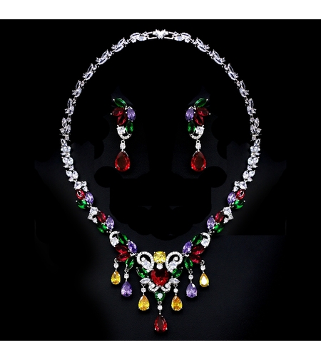 Комплект бяло позлатяване пъстри кристали | Колекция Luxury Secret | Бижута Invoke.bg