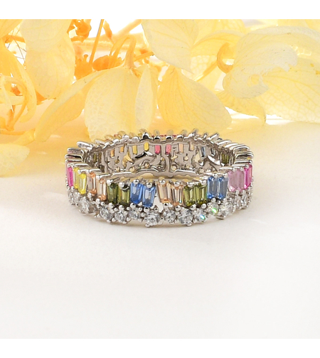 Сребърен пръстен с платина и цветни кубични циркони | Колекция Silver Premium | Бижута Invoke.bg