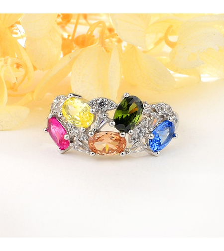 Сребърен пръстен с платина и цветни кубични циркони | Колекция Silver Premium | Бижута Invoke.bg