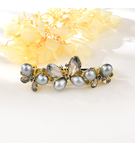 GRAY BUTTERFLY HAIR CLIP YELLOW GOLD PLATING WITH PEARLS