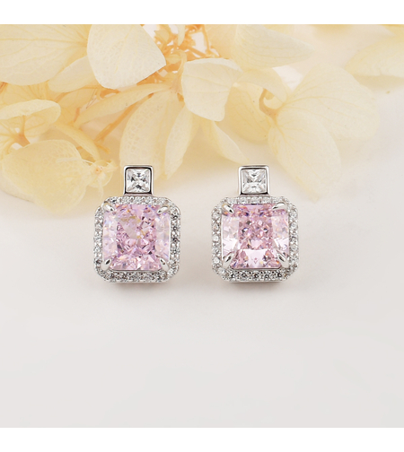 Сребърни обеци квадратни розови | Колекция Crushed Ice | Бижута Invoke