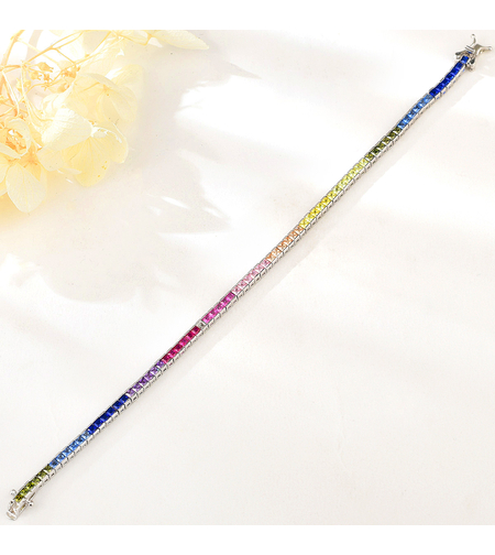 Сребърна тенис гривна с платина и цветни кубични циркони | Колекция Silver Premium | Бижута Invoke.bg