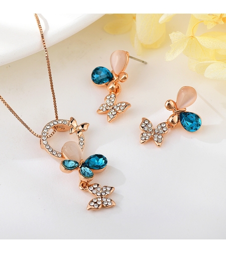 Комплект розово позлатяване синя пеперуда | Колекция Rose Gold | Бижута Invoke.bg