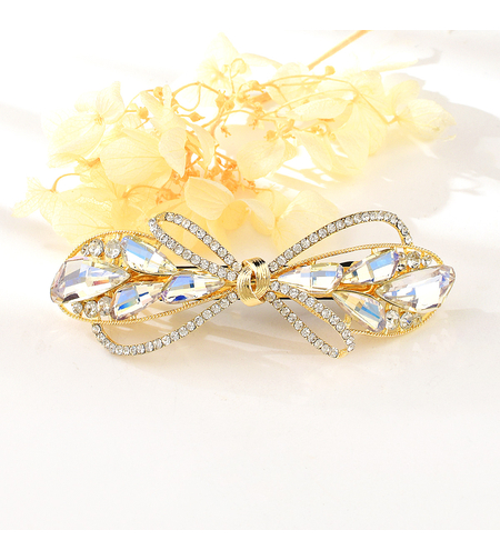 CRYSTAL RIBBON HAIR CLIP YELLOW GOLD PLATING