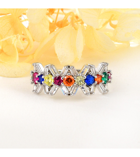 Сребърен пръстен с платина и цветни кубични циркони | Колекция Silver Premium | Бижута Invoke.bg