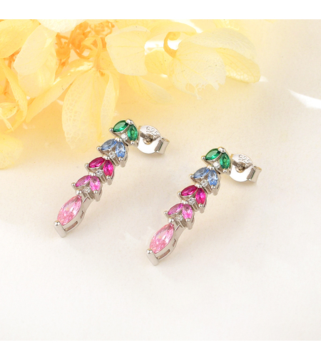 Сребърни обеци с платина и цветни кубични циркони | Колекция Silver Premium | Бижута Invoke.bg