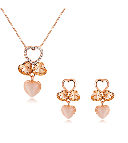 Комплект розово позлатяване сърца с кристали Swarovski Light topaz | Колекция Rose Gold | Бижута Invoke.bg