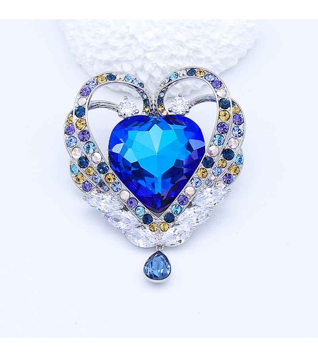 Луксозна брошка бяло позлатяване 'Синьо сърце' | Бижута Invoke.bg