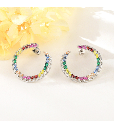 Сребърни обеци халки с платина и цветни кубични циркони | Колекция Silver Premium | Бижута Invoke